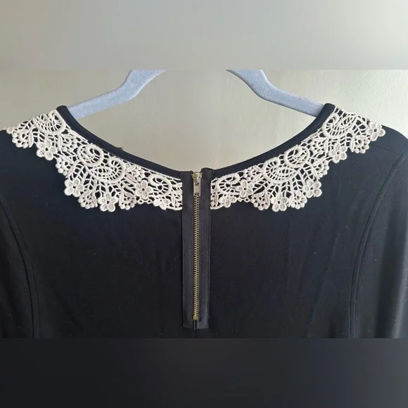 Wrap London Black Long Sleeve Dress with White Lace Collar and Pockets- size L - Picture 5 of 8